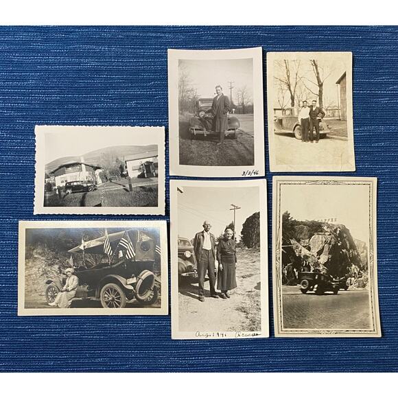 Vintage Car Photo Lot B/W Snapshot Auto US Flags Coffee Sign 1940's 24B - Picture 1 of 1
